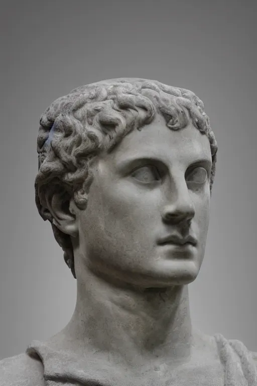 Prompt: an ancient greek marble statue of emmanuel macron, the british museum
