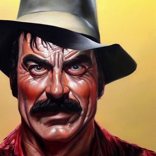 Image similar to ultra realistic portrait painting of tom selleck as freddy krueger, art by frank frazetta, 4 k, ultra realistic, highly detailed, epic lighting