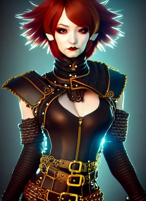 Image similar to rogue, fantasy ornate leather bandit outfit!!! close - up portrait beautiful and athletic short hair female!! gorgeous face and eyes!! character concept art, sharp focus, octane render! unreal engine 5! highly rendered!! trending on artstation!! detailed linework!! illustration by artgerm, wlop, and chie yoshii