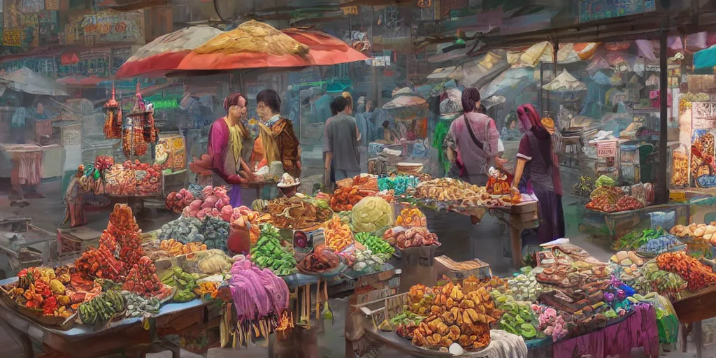 Prompt: an intricate concept art of asian street vendors on a makeshift stalls, hyper detail, ultra realistic, style by dylan cole and artgerm, trending in artstation, cgsociety, 8 k, octane render, high contrast