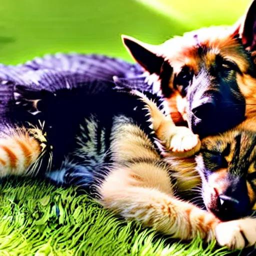 Image similar to german shepherd sleeping in arms with a kitten