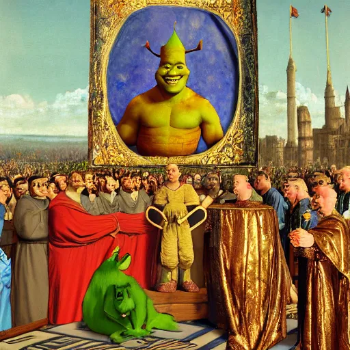 Prompt: shrek is crowned as the byzantine emperor, oil on canvas, 1 8 9 3, high quality, high resolution