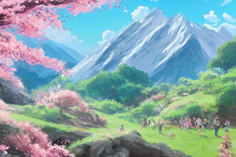 Prompt: cherry blossom, mountain in background, detailed landscape, classical painted landscape, trending in artstation, in the style of studio ghibli, wlop, 8 k artstation