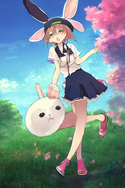 Image similar to Tonemapped cheerful Anime girl with bunny hat in the style of Makoto Shinkai and Clamp