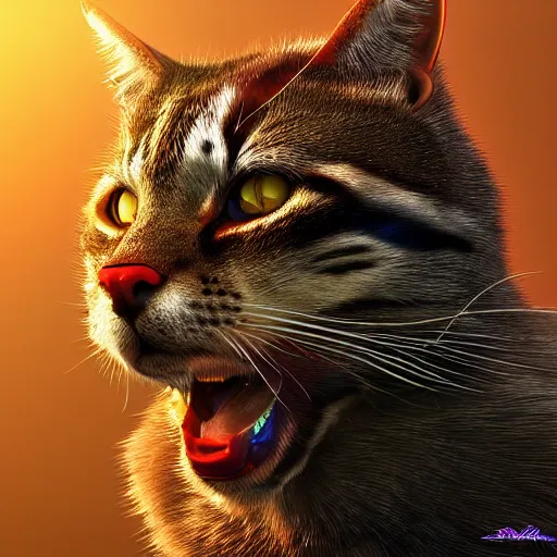 Image similar to Photorealistic warrior cat. Hyperdetailed photorealism, 108 megapixels, amazing depth, glowing rich colors, powerful imagery, psychedelic Overtones, 3D finalrender, 3d shading, cinematic lighting, artstation concept art