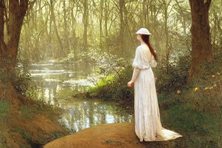 Prompt: a beautiful painting of the back view of a young lady in white linen dress sitting by the river in a grown forest, playing a harp, sunlight reflected on the river, Mucha, Moebius, Mohrbacher