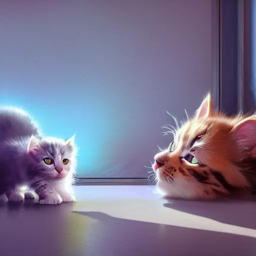 Prompt: kittens in a room. animal. digital art. artstation. realistic. vibrant. illustration. in the style of pixar movie. octane render. art by makoto shinkai, stanley artgerm lau, wlop, rossdraws. volumetric lighting.