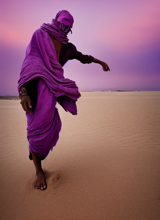 Prompt: flowes tornado, full lenght flowing clothes like tornado a old tuareg nomad woman, many fabric, stones near foot, wind, stands on sand, full body shot, dark background, pastel purple colour scheme, masterpiece, photo by steve mccurry, vogue, artstation, moviestill, wide angle lens, sharp