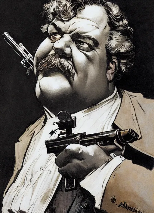 Image similar to gk chesterton as a hero with muscles and a shotgun. portrait by james gurney and craig mullins and alphonso mucha. realistic face. expressive face.