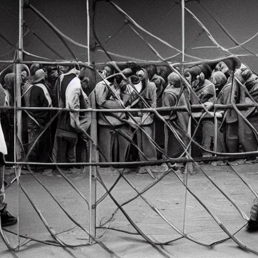 Image similar to prisoners hooked up to guillotines arranged as a spectator sport event, realistic photography, high detailed