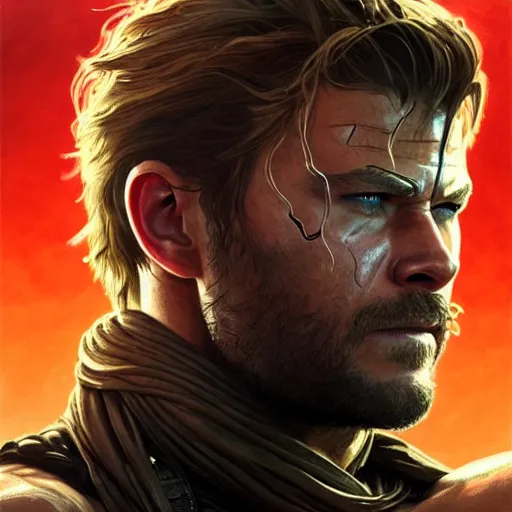 Prompt: Chris Hemsworth as Venom Snake, western, D&D, fantasy, intricate, elegant, highly detailed, digital painting, artstation, concept art, matte, sharp focus, illustration, art by Artgerm and Greg Rutkowski and Alphonse Mucha