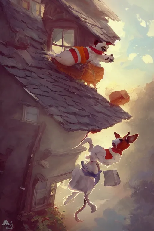 Image similar to adorable jack russel terrier jumping over a small house, wide angle fantasy art, artstation character design contest winner, trending on cgsociety, concept art, speedpaint, beautiful digital art, jesper ejsing, james jean, justin gerard, fenghua zhong, makoto shinkai, highly detailed