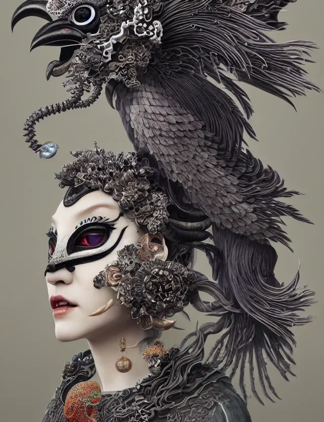 Image similar to 3 d goddess close - up profile portrait ram skull. beautiful intricately detailed japanese crow kitsune mask and clasical japanese kimono. betta fish, jellyfish phoenix, bio luminescent, plasma, ice, water, wind, creature, artwork by tooth wu and wlop and beeple and greg rutkowski