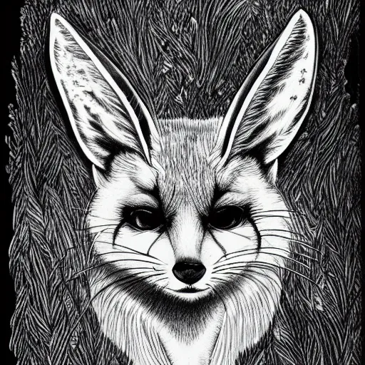 Prompt: complete sketch of the closeup head of a cute fennec by Ernst Haeckel and Junji Ito, graphite on paper