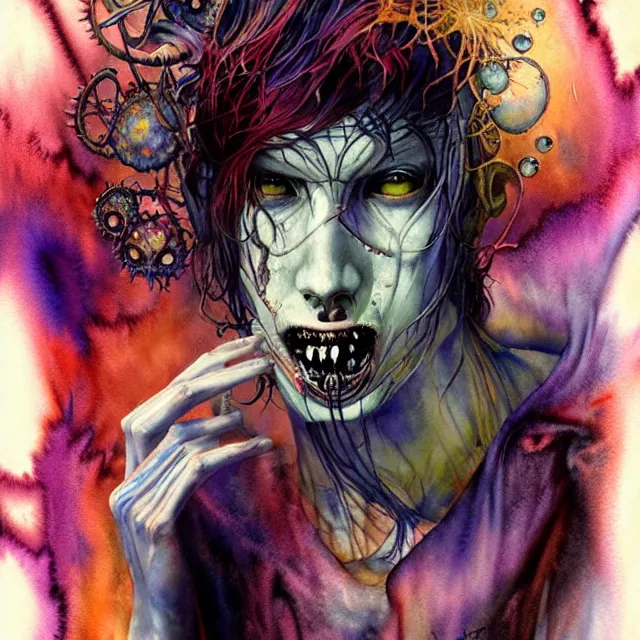 Image similar to complex symmetrical watercolor, spiritual horror lsd art in muted colors, disturbing grunge still of a lovecraftian demon infested guy flirting with you, by arthur adams, by tom bagshaw, by henry asencio, by kikuchi hideyuki