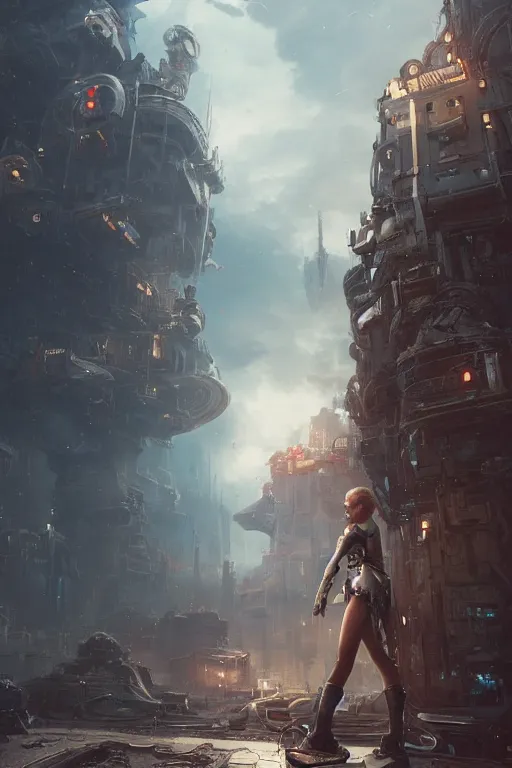 Image similar to a portrait of a small women wearing sci-fi armour standing in the foreground of a steampunk city by Greg Rutkowski, Sung Choi, Mitchell Mohrhauser, Maciej Kuciara, Johnson Ting, Maxim Verehin, Peter Konig, final fantasy , mythical, 8k photorealistic, cinematic lighting, HD, high details, atmospheric,