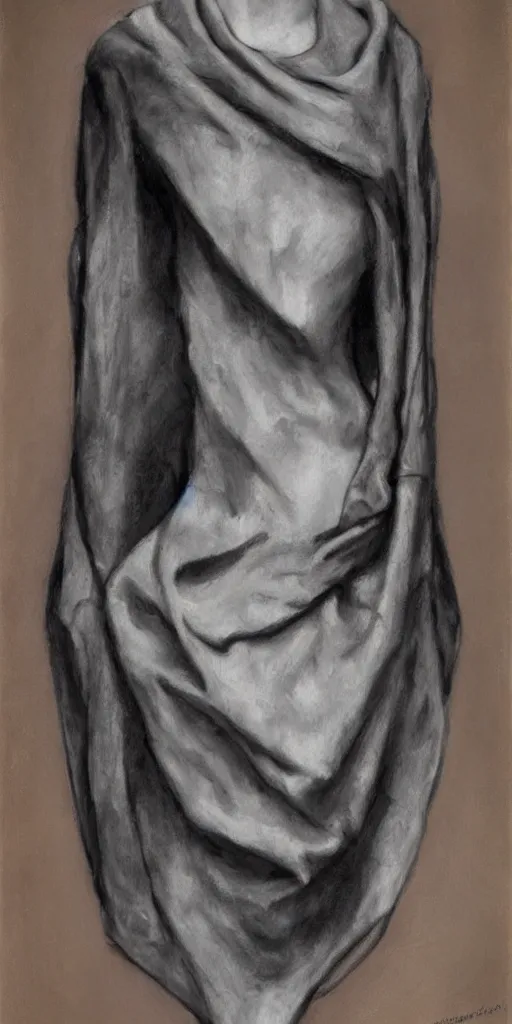 Image similar to boneyard cowl, fashion sketch 1 3 2 4. wet - on - wet grisaille on canvas, private collection