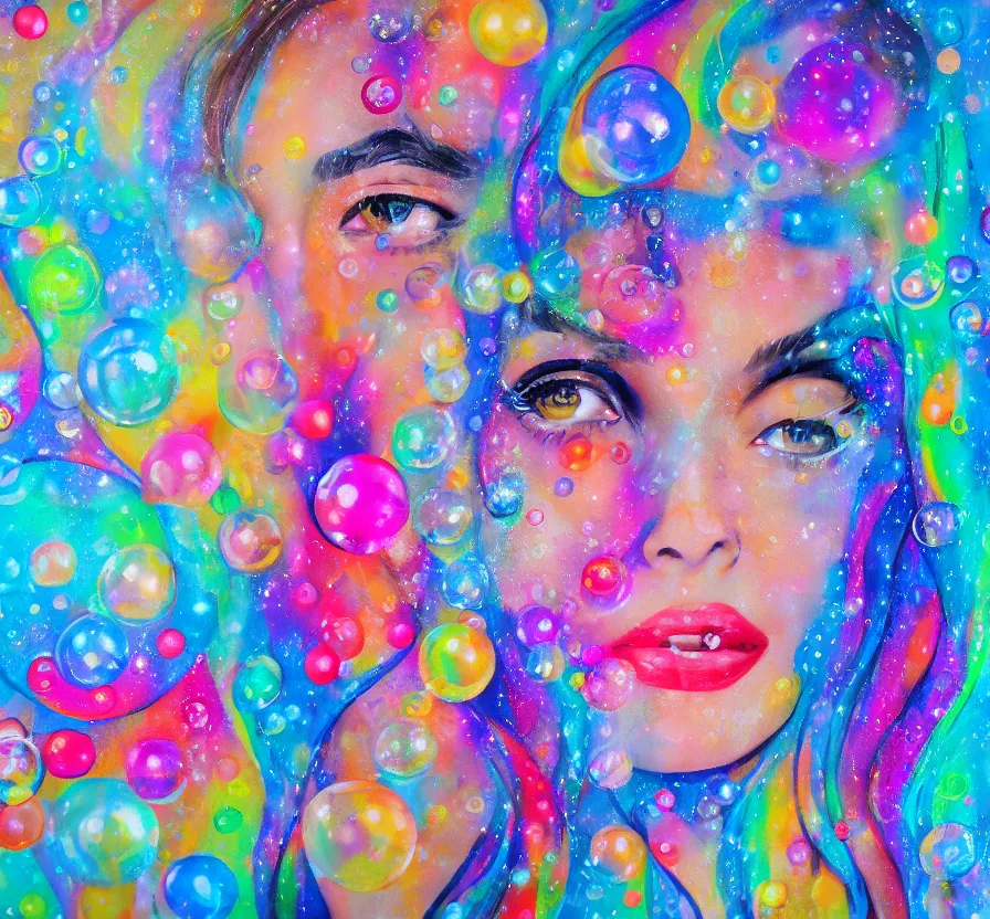 Prompt: beautiful woman, face, bubbles, bubble, watedrops, waterdroplets, acrylicpainting, acrylicpouring, painting, influencer