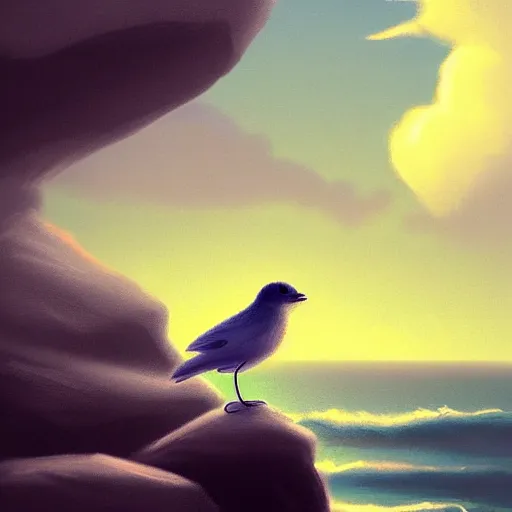 Image similar to ilustration a cute little bird perched on a rock watching the ocean and the waves with their foam, the sky with fluffy clouds and makes a warm light, sharp focus, highly detailed, artstation