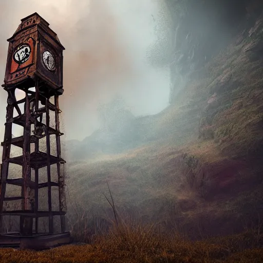 Image similar to an abandoned old rusty clocktower in a dark enormous cave dream photography, painting, perfectly balanced light, digital art, unreal engine, trending on artstation,