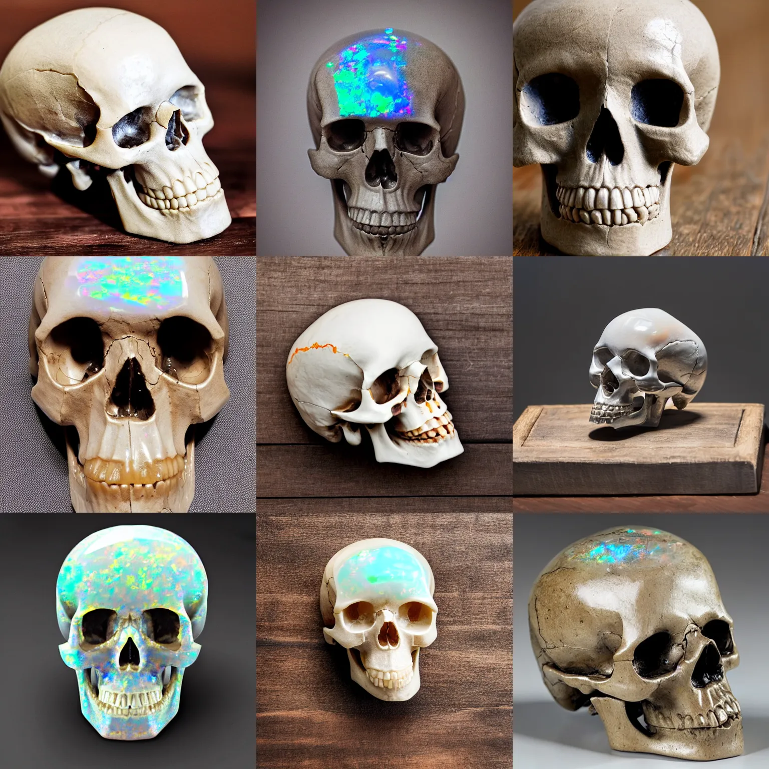 Prompt: human skull made from opal sitting on a wooden table, crystalline, symmetrical