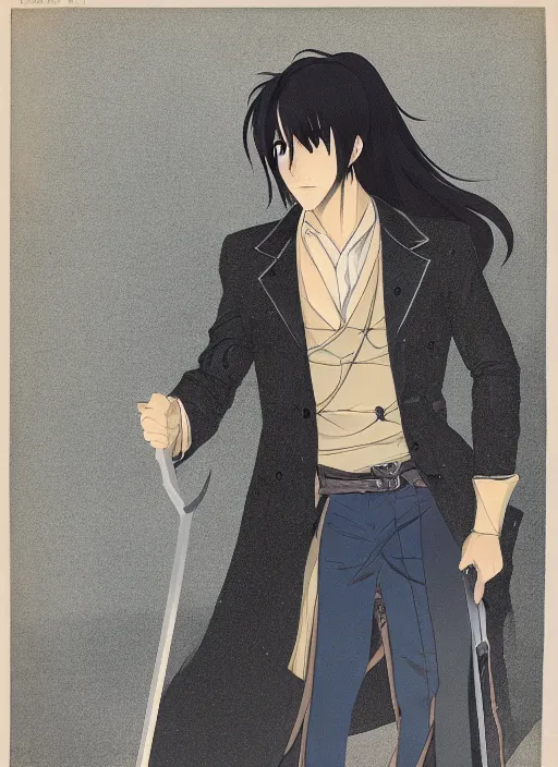 Image similar to half - body character portrait by tatsuki fujimoto of a handsome male vampire, sword holster, long black hair, light brown coat