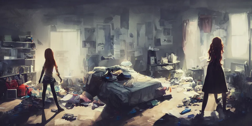 Image similar to an environmental concept art of an angsty female teen in her cluttered bedroom, highly detailed, cinematic, dramatic lighting, directional lighting, close shot by francis tneh