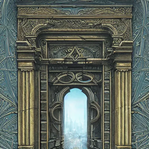 Prompt: carved futuristic door at the end of ancient ornate steps shows a large window to a city detailing the vast architectural scientific ancient and cultural acheivements of humankind, magical atmosphere, renato muccillo, andreas rocha, johanna rupprecht, beardsley, detailed digital art, cinematic blue and gold