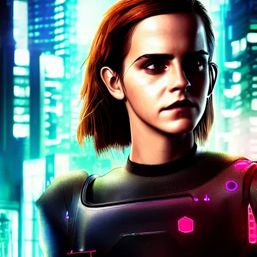 Image similar to emma watson portrait, cyberpunk 2 0 7 7, cyberpunk judy alvarez, photorealistic, ultra detailed, neon, octane, bokeh, cinematic lighting, cyber, cyberpunk city, studio quality, feature, scars, cyberface, 8 k