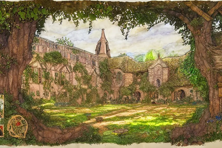 Image similar to an elaborate and dense painting of the peaceful redwall abbey in mossflower wood, detailed, made of alcohol ink on parchment and penned illustrations, by brian jacques and jean baptiste monge