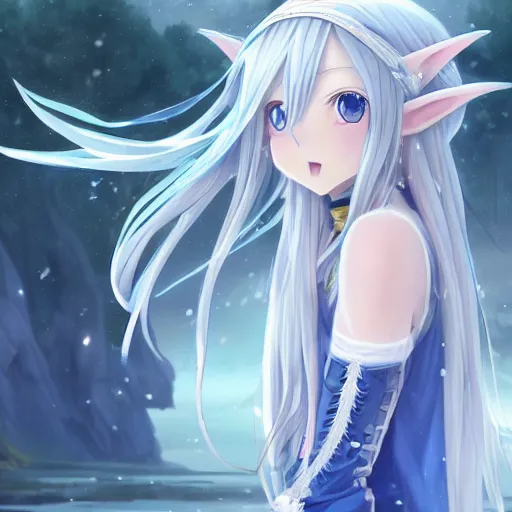 Prompt: a very beautiful anime elf girl, full body, long straight silver hair, smile, sky blue eyes, full round face, short smile, casual clothes, ice snowy lake setting, cinematic lightning, medium shot, mid-shot, highly detailed, trending on Artstation, Unreal Engine 4k, cinematic wallpaper by Stanley Artgerm Lau, WLOP, Rossdraws, James Jean, Andrei Riabovitchev, Marc Simonetti, and Sakimichan