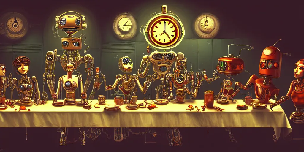 Prompt: clockpunk robot last supper, digital painting, trending on artstation, sharp focus, 4 k