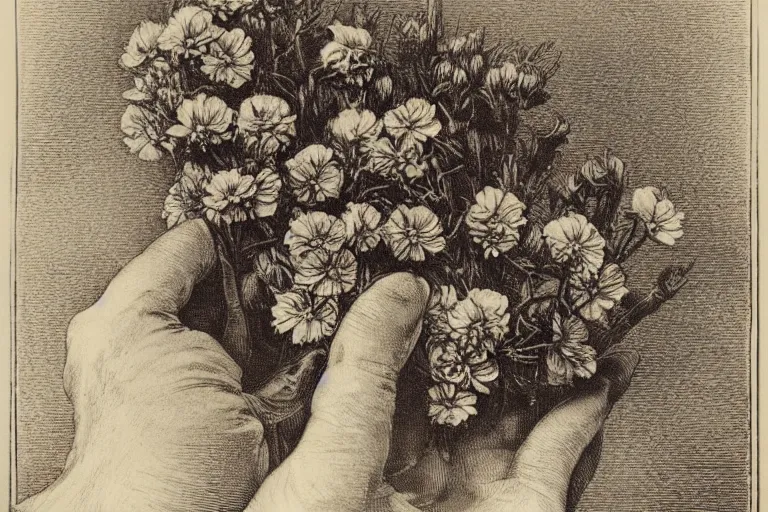 Image similar to close-up flower in hands, soft light, Gustave Dore lithography