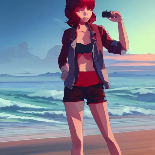 Image similar to character deisgn by lois van baarle, artgerm, helen huang, by makoto shinkai and ilya kuvshinov. cute scarlet red haired cybertronic woman, steel gray body, denim shorts, jacket, at beach at sunset, beautiful face, smile, elegant, exaggerated proportions, looking at camera