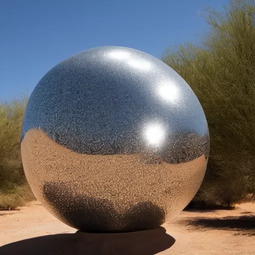 Prompt: a large metallic ball with a mirror finish sits in the Arizona desert