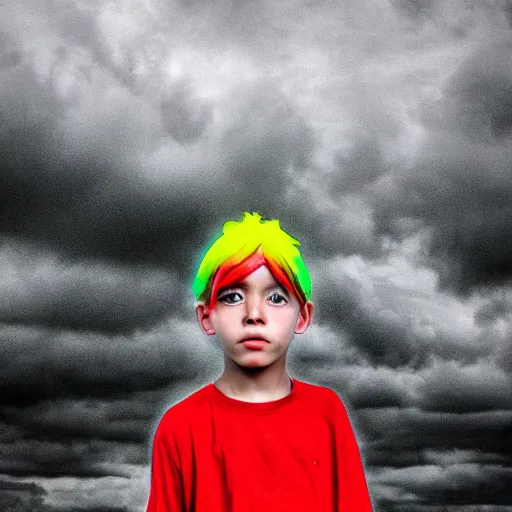 Image similar to dramatic picture of a kid on a colorful outfit standing backwards in the middle of a heavy rain surround by grey and grey clouds realistic photo taken with a good camera