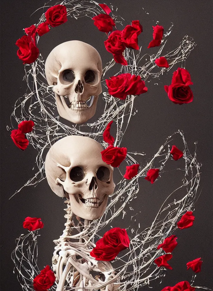 Image similar to transparent transparent transparent woman in a mask of a bird\'s skull with a wreath of roses, dressed in a dress dress dress of red boiling liquid wax wax wax, from under which the bones of the skeleton are visible, flying around the bird bird bird, buds and rose petals, dark background, painted by Caravaggio, Greg rutkowski, Sachin Teng, Thomas Kindkade, Alphonse Mucha, Norman Rockwell, Tom Bagshaw.
