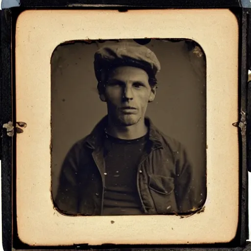 Image similar to daguerreotype photograph of jerma 9 8 5 wearing a ripped t - shirt and a newsboy cap, old photo, vintage, industrial revolution, historical archive, realistic