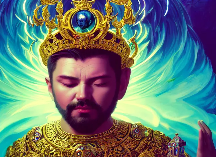 Prompt: wide view picture of a extremely beautiful and aesthetic lord of materialization, sitting on the throne, centred position, bright hair, floating greed cubes on the background, lighting eyes, magic and fantasy, highly detailed face, specular reflection, occlusion shadow, intricate, masterpiece, by ilya kuvshinov and jeremy lipking and quentin mabille