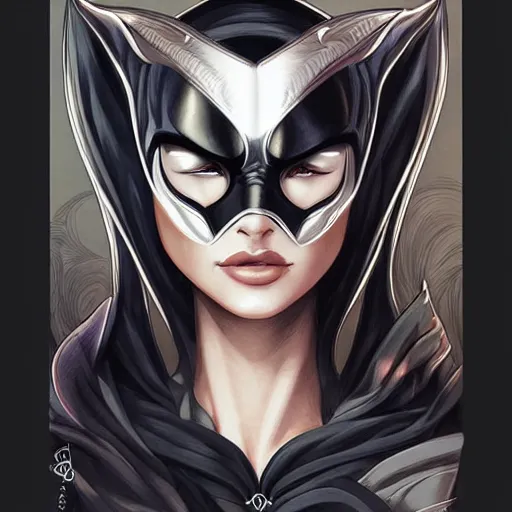 Image similar to masked hero dark law, heroine, beautiful, detailed symmetrical close - up portrait, intricate complexity, in the style of artgerm and peter mohrbacher, cel - shaded