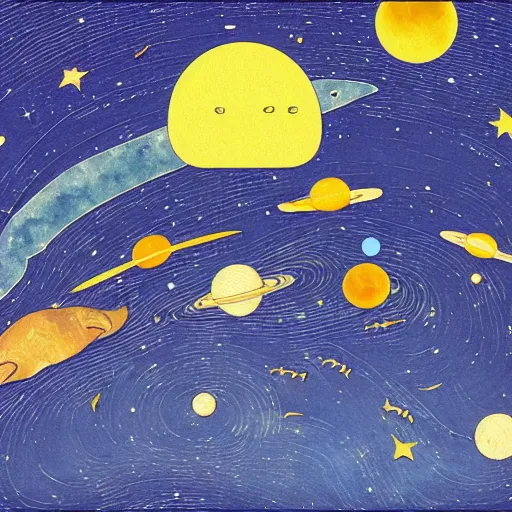 Prompt: a whale floating through space with stars and planets, diffused light, retro, golden ratio, 8 k in style of ivan bilibin,