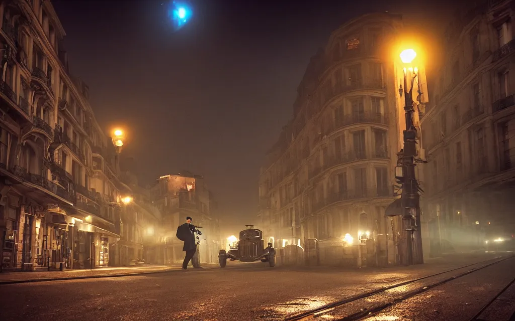 Prompt: One man in a trenchcoat shooting at a lovecraftian monster with a pistol in a 1920's parisian street at night. A cars is driving towards the monster with their lights on. A train station is visible in the background. 4k, pulp, HDR, vivid colors, low angle shot, (fish eye).