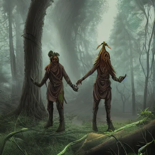 Image similar to giant with two heads in style of dnd, in a dark forest, digital art, high quality render, artstation