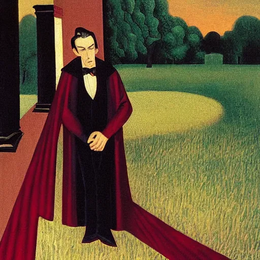 Image similar to grant wood's painting of dracula on the porch of a southern plantation, proudly gazing out on his cotton fields. he is pale, with black hair and a black and red cape.