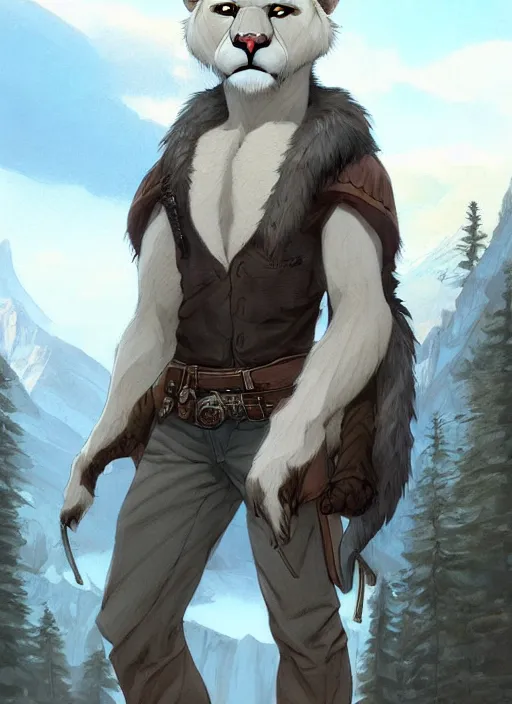 Image similar to beautiful portrait commission of a male furry anthro albino mountain lion wearing miner's clothes in the western frontier. Atmospheric. Character design by charlie bowater, ross tran, artgerm, and makoto shinkai, detailed, inked, western comic book art