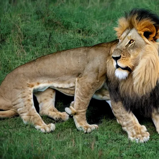 Prompt: lion eats a dear, feasting lion family,