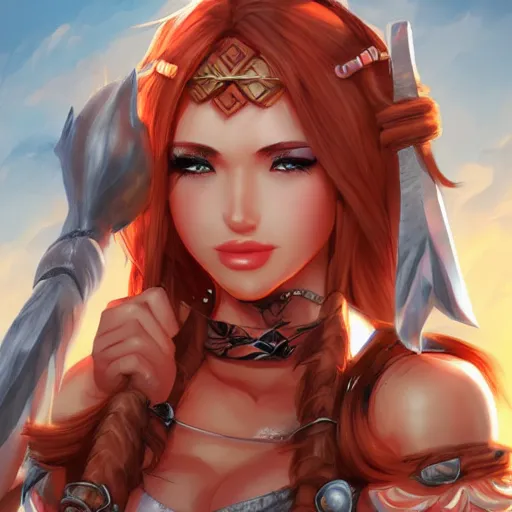 Image similar to very beautiful female barbarian, smiling, flirty, eye contact, perfect face, perfect body, drawn by artgerm