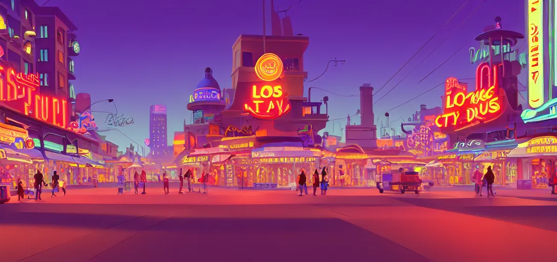 Prompt: futuristic main street los angeles cityscape with markets and shops and neon signs and terraces, visual development by lou romano, evening at dusk, pixar, disney, stylised, dynamic lighting, octane