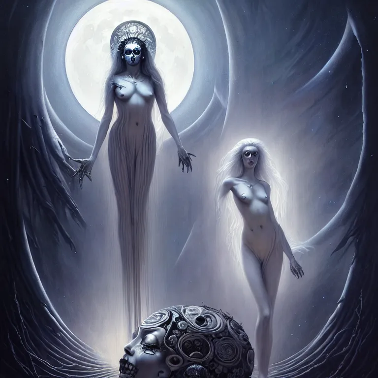 Image similar to skewed in the void, hr giger and cgsociety. one stunning luna goddess of personification of the moon by charlie bowater and tom bagshaw, insanely detailed, artstation, space art. sparkling flower fractules surrounded by skulls and robots deep under the sea, horror, fantasy, surrealist painting, by peter rohrabacher annatto finnstark