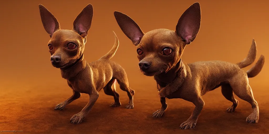 Prompt: humanoid Chihuahua + pinscher with brown fur in golden ornamented armor, ears , white particles, dark souls style, Fantasy Style, cinematic light, 35mm, ZBrush, Zdzislaw Beksinski